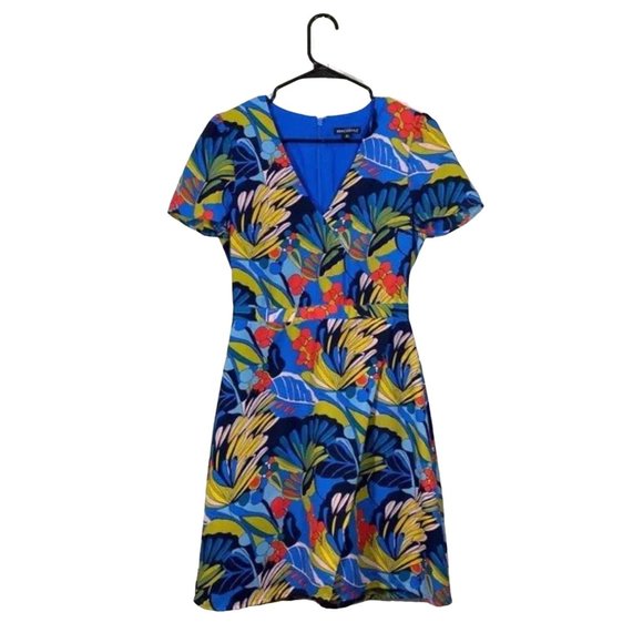 J. CREW • Mercantile Blue Tropical Palm Floral Faux Wrap Dress SIZE 4 EUC - Picture 3 of 9